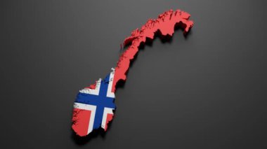 Norveç bayraklı bir Norveç haritasının siyah arkaplanda 3D görüntülenmesi. 4K Video hareketli grafik canlandırması.