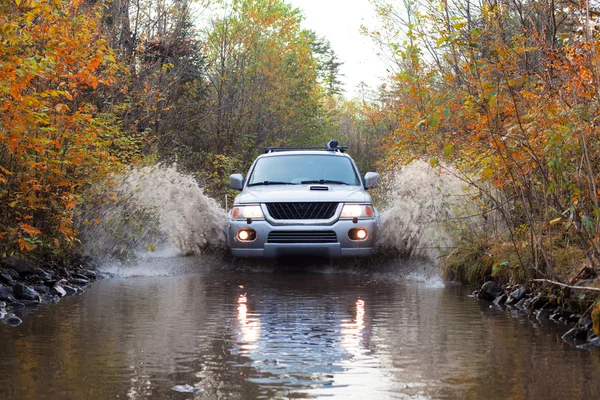 Осенняя поездка в лесу на 4wd транспортное средство — стоковое фото