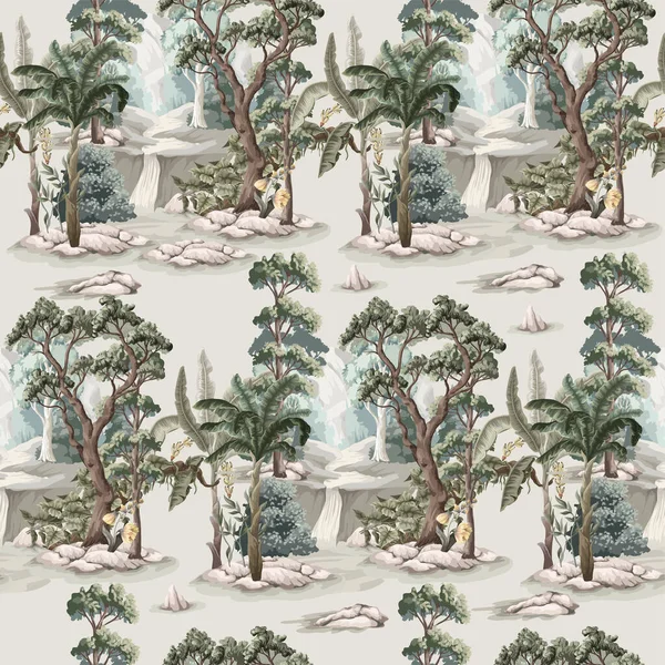 Modèle sans couture avec des arbres de la jungle et des plantes tropicales. Vecteur. — Image vectorielle