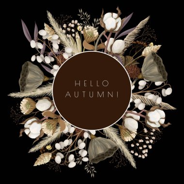 Pamuk, kamış gibi kurumuş çiçeklerle kart satışı. Vektör.