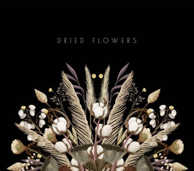 Pamuk, kamış gibi kurumuş çiçeklerle kart satışı. Vektör.