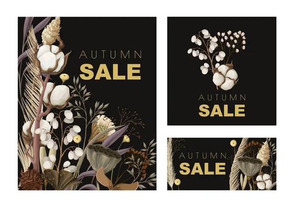 Carte vente d'automne avec des fleurs séchées, comme le coton, canne et. Vecteur. — Image vectorielle