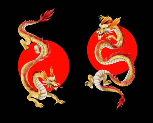 Dragons sur le cercle rouge. Oriental imprimé tendance. — Image vectorielle