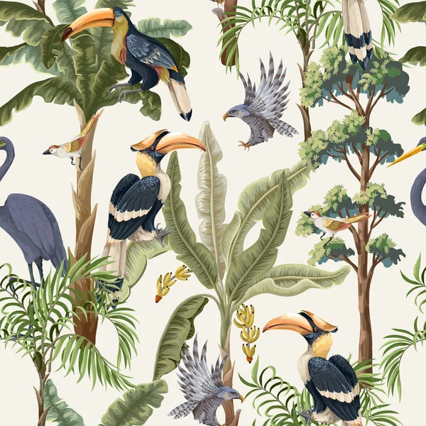 Απρόσκοπτη μοτίβο με δέντρα ζούγκλας και τροπικά πουλιά. Διάνυσμα. — Διανυσματικό Αρχείο