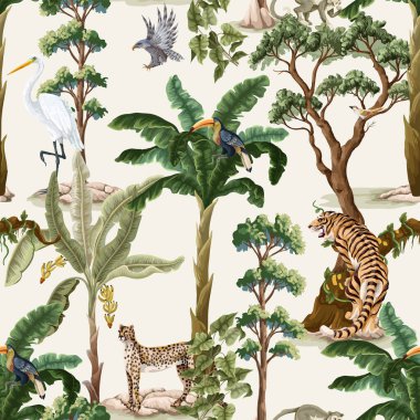 Orman ve hayvanlarla kusursuz bir düzen. Vektör iç baskısı.