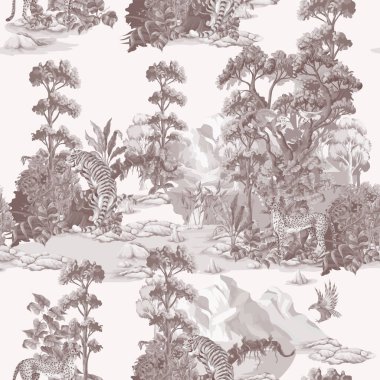 Orman ve hayvanlarla tek renkli, pürüzsüz desen. Vektör iç baskısı