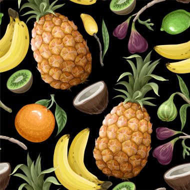 Ananas, muz, incir ve tropikal yapraklarla kusursuz desen. Vektör