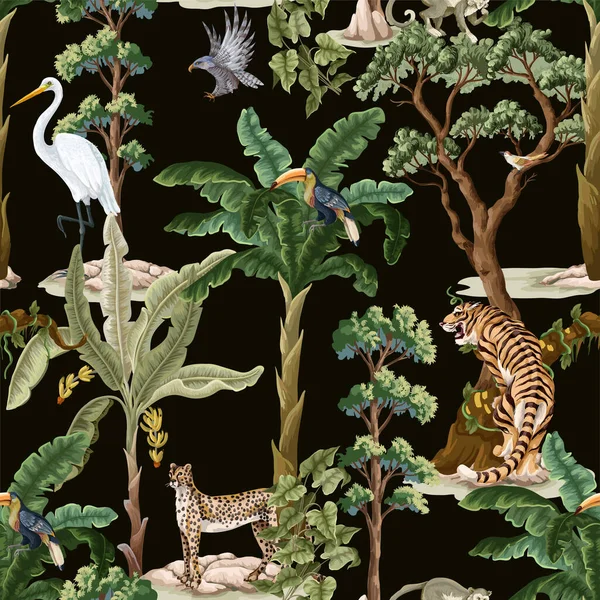 Naadloos patroon met jungle en dieren. Vector interieurafdruk. — Stockvector