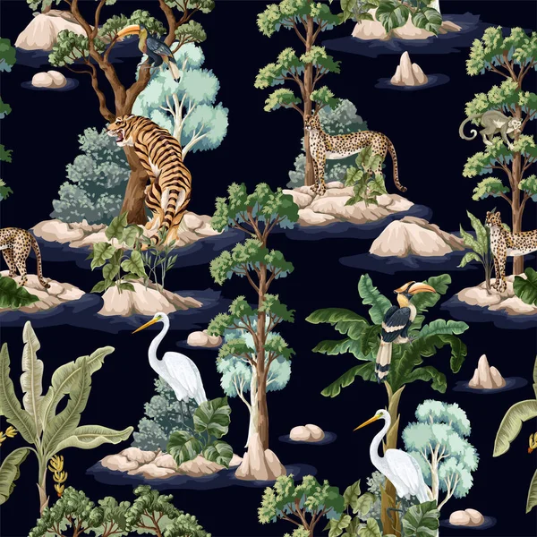 Modèle sans couture avec jungle et animaux. Impression intérieure vectorielle. — Image vectorielle