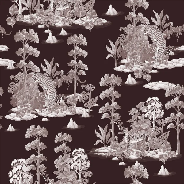 Μονόχρωμη απρόσκοπτη μοτίβο με ζούγκλα και ζώα. Διανυσματικό εσωτερικό αποτύπωμα. — Διανυσματικό Αρχείο