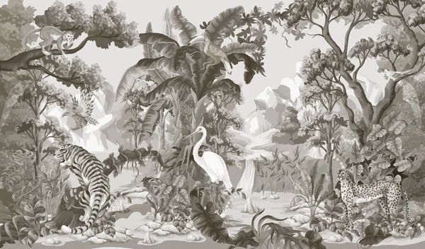 Jungle landschap met dieren. Monochroom interieur vector print. — Stockvector