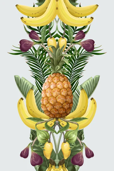 Seamless pattern with pineapples, bananas, figs and tropical leaves. Vector. — Stock Vector