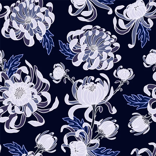 Seamless pattern with blue .chrysanthemums. Vector trendy print. — Stockvektor
