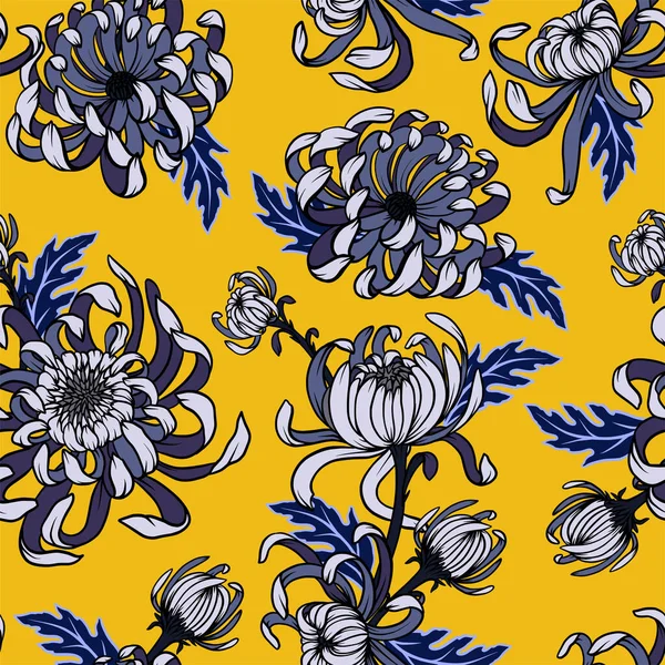 Seamless pattern with blue .chrysanthemums. Vector trendy print. — Vector de stock