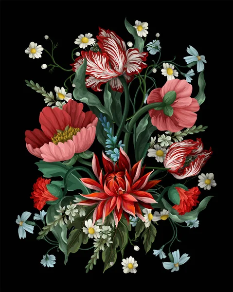 花束上有古色古香的花朵，如郁金香、罂粟和洋甘菊。经典矢量壁纸. — 图库矢量图片