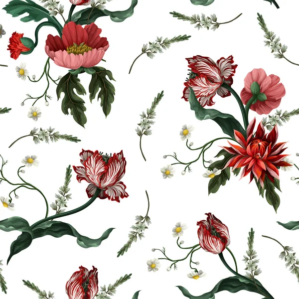 Seamless pattern with vintage flowers such as tulip, poppies and chamomiles. Classical vector wallpaper. — Stockvektor