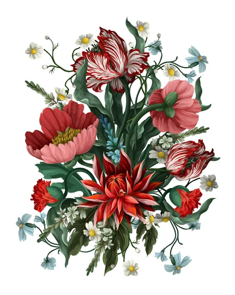 花束上有古色古香的花朵，如郁金香、罂粟和洋甘菊。经典矢量壁纸. — 图库矢量图片