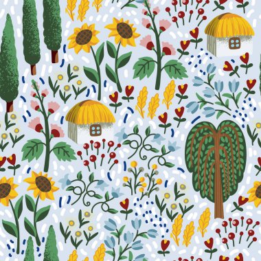 Ukrayna evi ve çiçeklerle kusursuz desen. Tekstil vektörü.