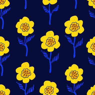 Mavi ve sarı desenli kusursuz desenler. Sadece çiçekler. Vektör.