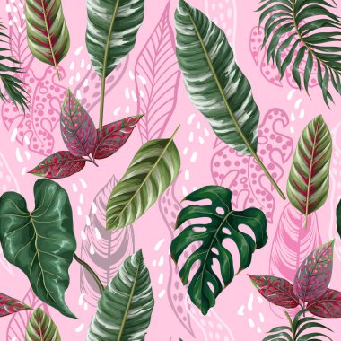 Pembe arka planda tropikal yaprakları ve grafik yaprağı olan kusursuz bir desen. Vektör..