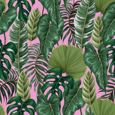 Pembe arka planda tropik yaprakları olan kusursuz bir desen. Vektör..