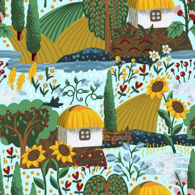 Ukrayna manzarası, ev ve çiçeklerle kusursuz bir desen. Tekstil vektörü.