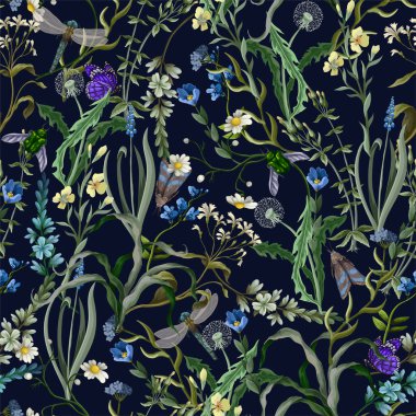 Vahşi çiçekler ve böceklerle kusursuz desen. Vektör.