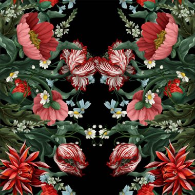 Lale, haşhaş ve papatya gibi klasik çiçeklerle kusursuz bir desen. Klasik vektör duvar kağıdı.