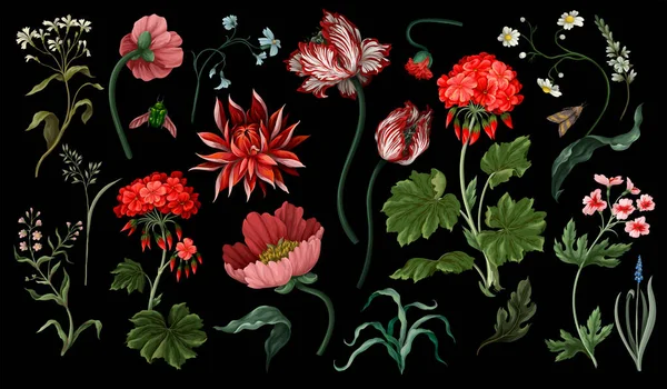 Botanical victorian flowers and bugs isolated. Tulip, peony and other. — стоковый вектор