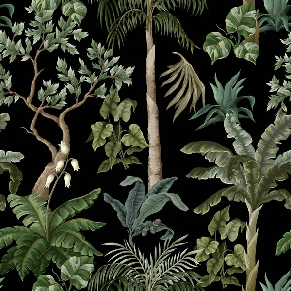빈티지 나무와 야자나무, 식물들이 있는 바 다 없는 패턴입니다. Vector — 스톡 벡터