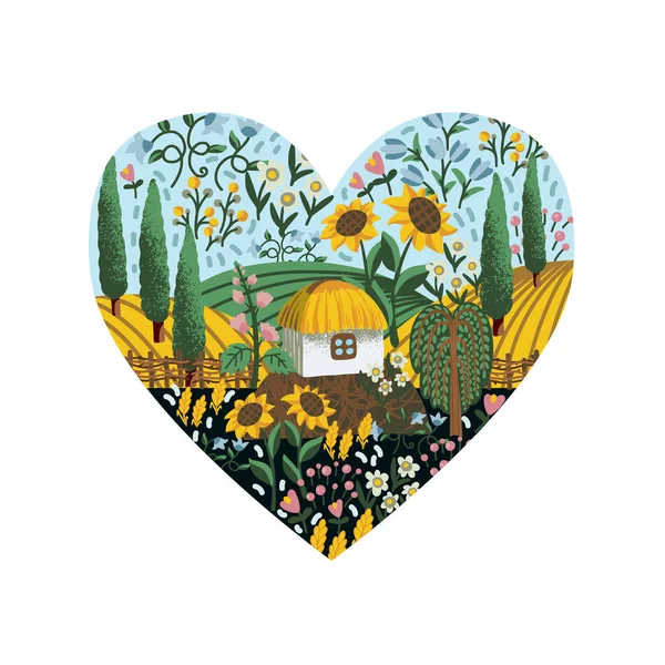 Ukrayna manzarası, kalbindeki ev ve çiçekler. Tekstil vektörü