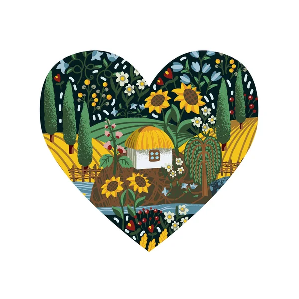 Ukrainische Landschaft, Haus und Blumen im Herzen. Textiler Vektor — Stockvektor