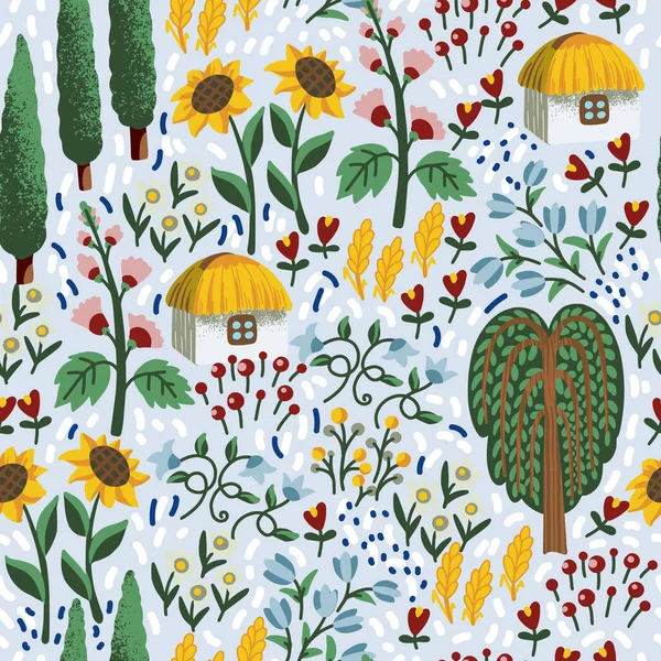 Ukrayna evi ve çiçeklerle kusursuz desen. Tekstil vektörü.