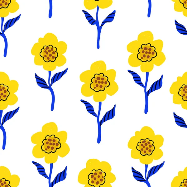 Seamless pattern with blue and yellow simply flowers. Vector. — Vetor de Stock