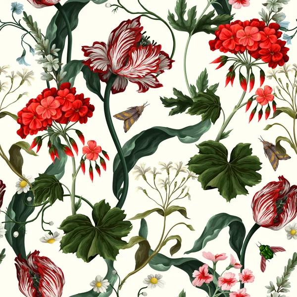 Naadloos patroon met tulpen, geraniums en insecten. Vector. — Stockvector