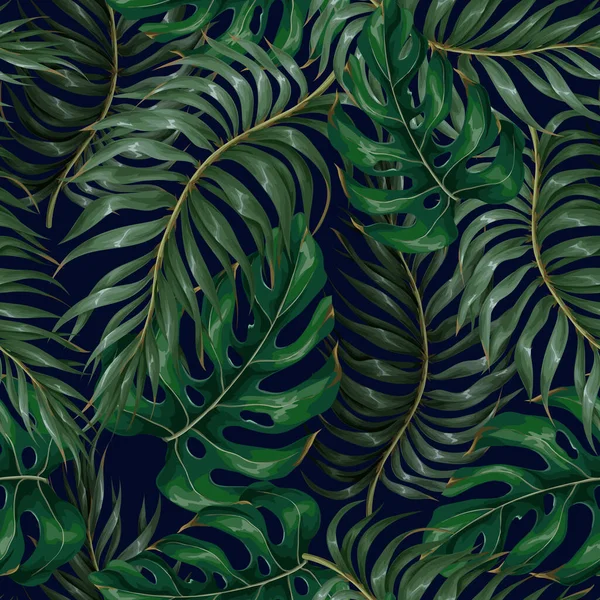 Patrón sin costuras con hojas tropicales como hoja de palma, monstera y otros.Vector. — Archivo Imágenes Vectoriales