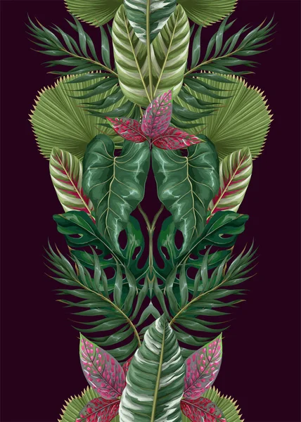 Frontera con hojas tropicales como monstera, hoja de palma y otras. Vector. — Archivo Imágenes Vectoriales