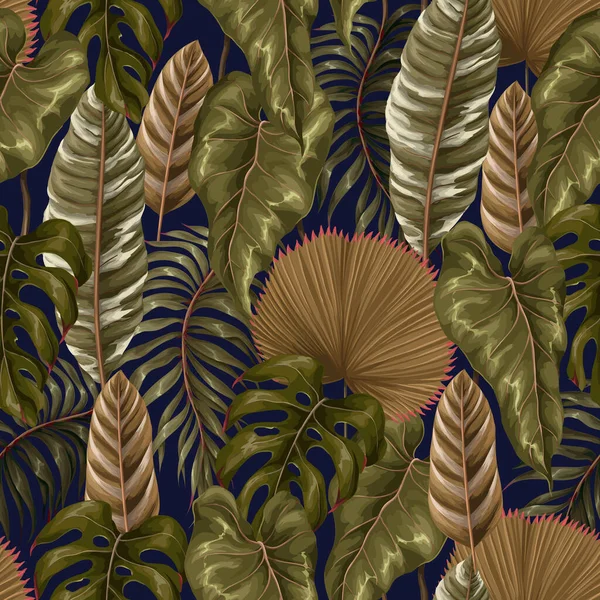 Modèle sans couture avec des feuilles tropicales telles que la feuille de palmier, la monstère et autres.Vecteur. — Image vectorielle
