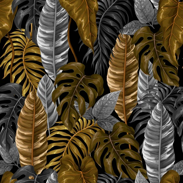 Sömlös gräns med guld tropiska blad, inre tapeter. Vektor — Stock vektor