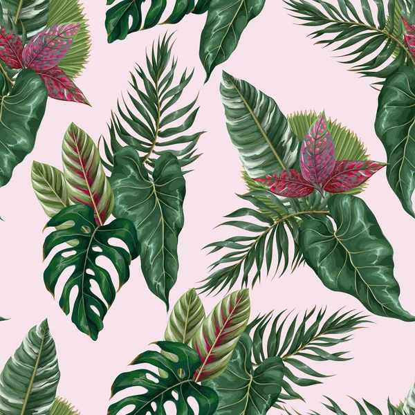 Seamless pattern with tropical leaves such as palm leaf, monstera and other.Vector. — Stock Vector