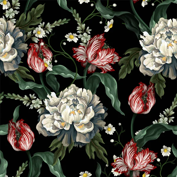 Seamless pattern with vintage tulips and peonies. Classic vector wallpaper. — Stockvektor