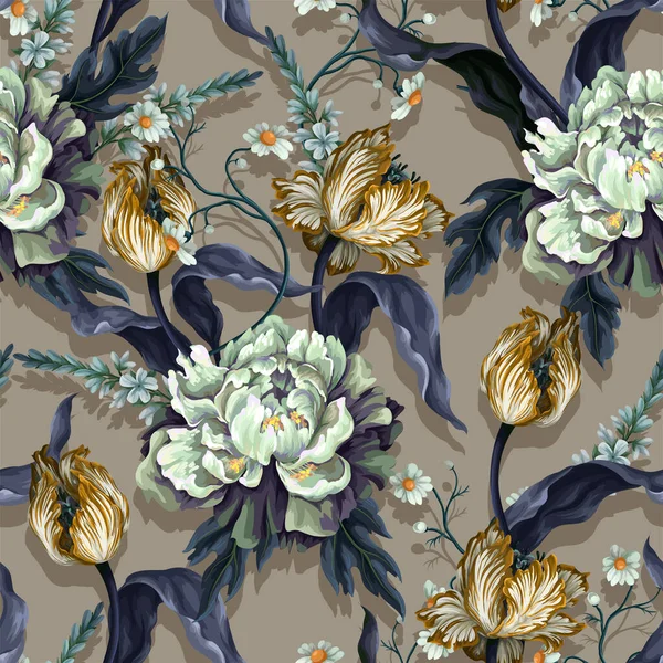 Seamless pattern with vintage tulips and peonies. Classic vector wallpaper. —  Vetores de Stock