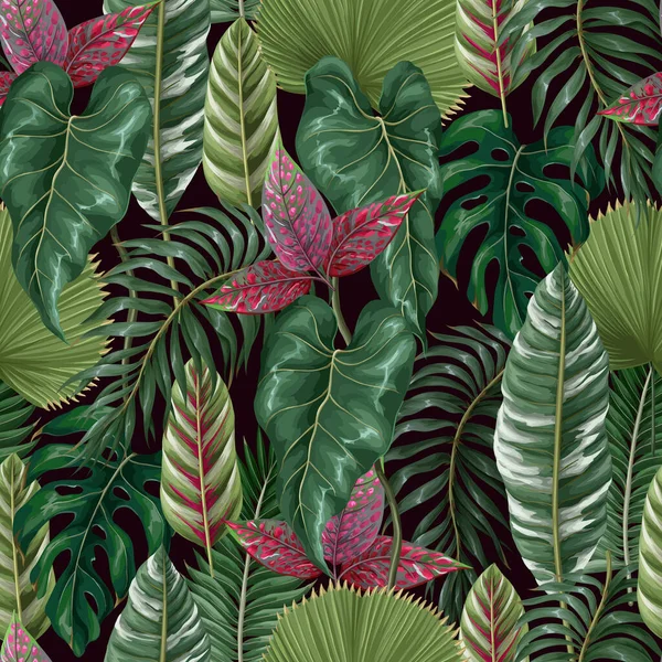 야자수 잎, 단풍 잎, 등심 반사기와 같은 열 대 잎으로 이루어진 가시없는 무늬. — 스톡 벡터