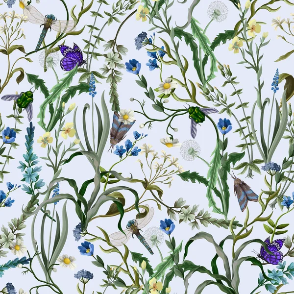 Vahşi çiçekler ve böceklerle kusursuz desen. Vektör.