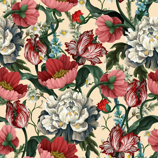 Naadloos patroon met vintage tulpen en pioenrozen. Klassieke vector wallpaper. — Stockvector