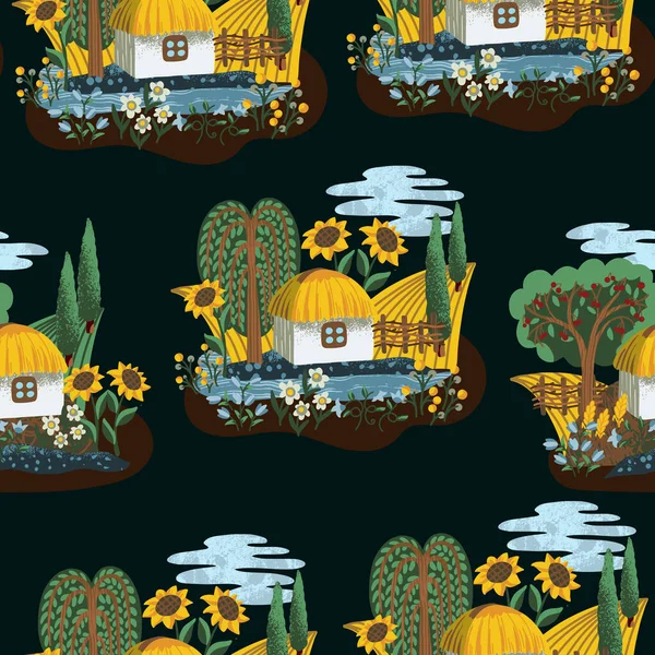 Ukrayna manzarası, ev ve çiçeklerle kusursuz bir desen. Tekstil vektörü.