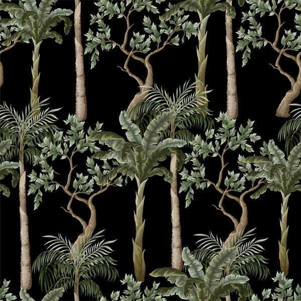 Seamless pattern with vintage trees and palms, plants. Vector. — 스톡 벡터