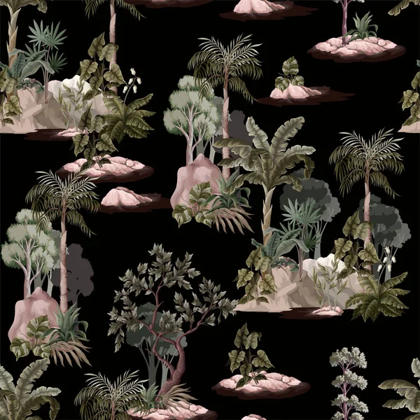 Seamless pattern with vintage trees and palms, plants. Vector. — Stockvektor