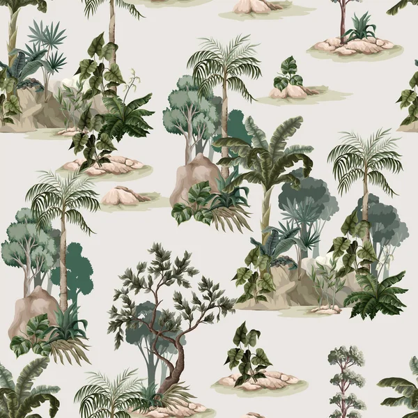 Seamless pattern with vintage trees and palms, plants. Vector. — Image vectorielle