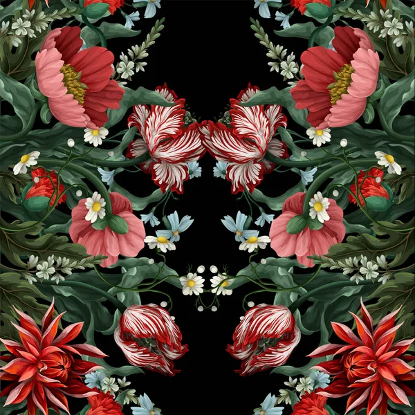 Naadloos patroon met vintage bloemen zoals tulp, papaver en kamille. Klassieke vector behang. — Stockvector